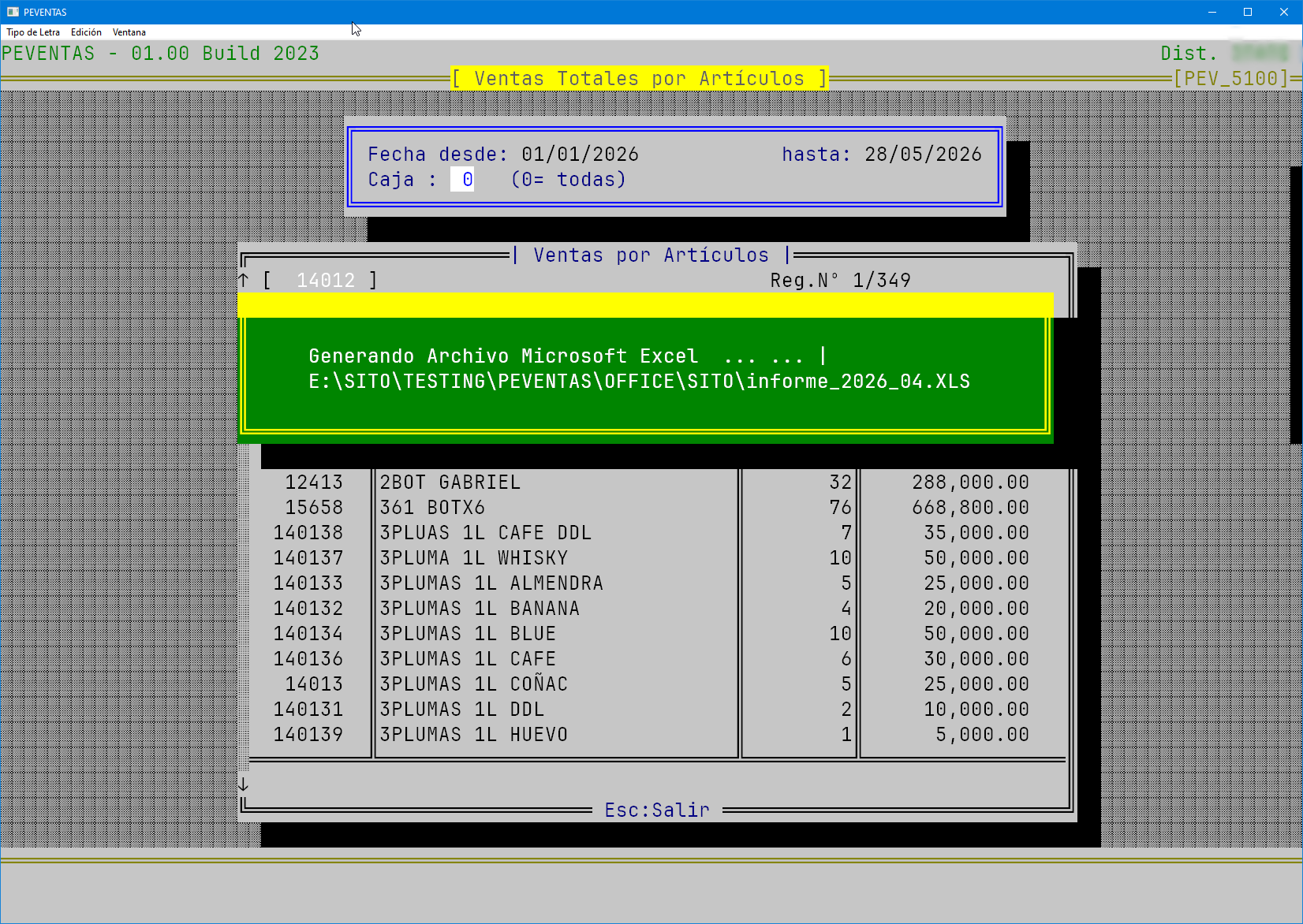 PEVENTAS, reportes a Excel