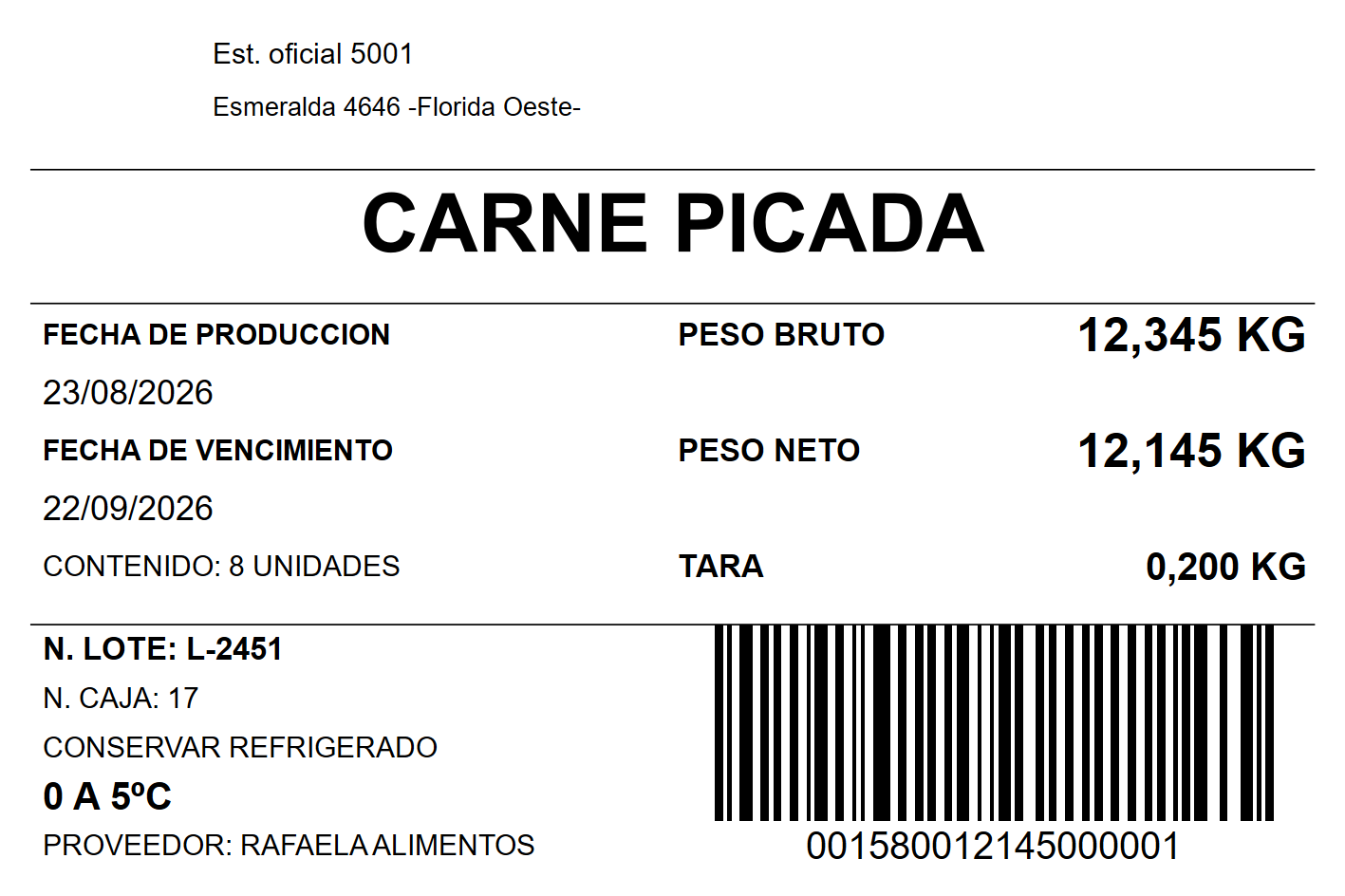 Etiqueta generada por P2Eti ST con pesos, fechas, lote y código de barras
