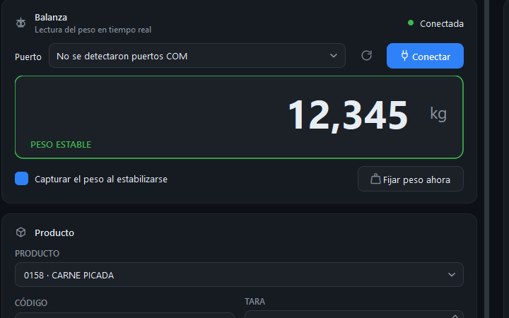 P2Eti ST, pantalla de trabajo con el peso de la balanza y la etiqueta