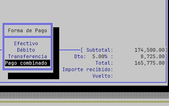 PEVENTAS, venta en curso con totales y forma de pago
